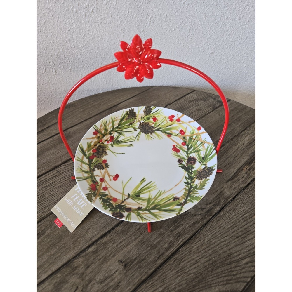 NWT Hallmark Christmas Serving Plate Pine Cones Berries Woodland Red Metal Stand